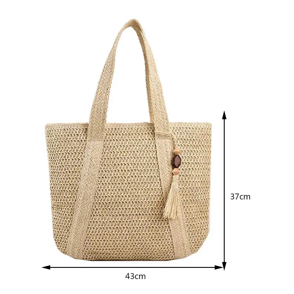 Woven straw shopper tote bag interior with zip closure