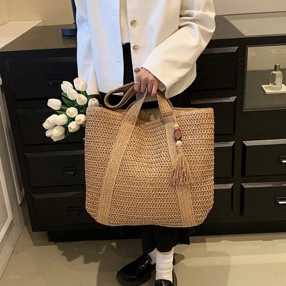 Large capacity woven straw shoulder bag for summer, side view