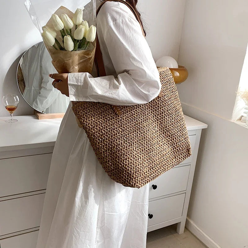 Boho woven straw shoulder bag, front view