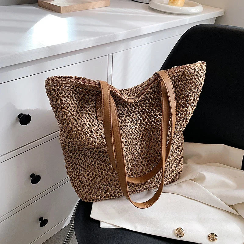 Roomy interior of the woven straw summer tote
